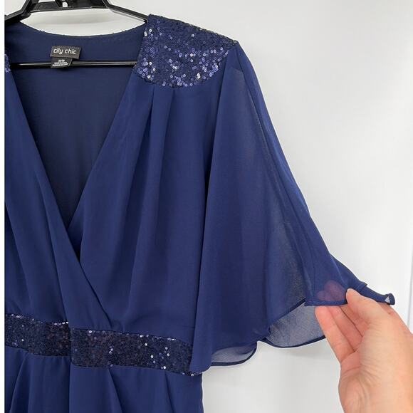 City Chic Sequin Dress 18 Navy Chiffon Holiday Cocktail Wedding Flutter Cruise - Picture 3 of 12